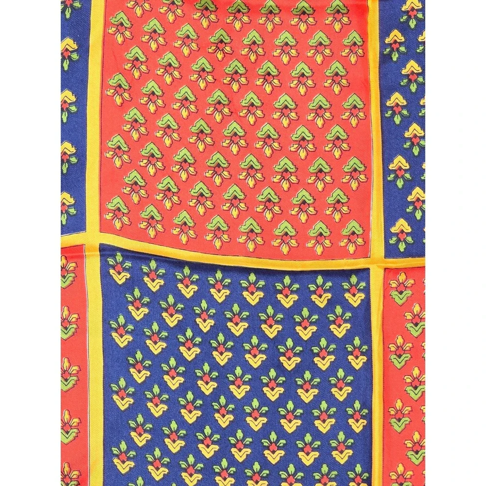 Echo Vintage 100% Pure Silk Scarf Red Navy Blue Yellow Floral Grid Made in Japan